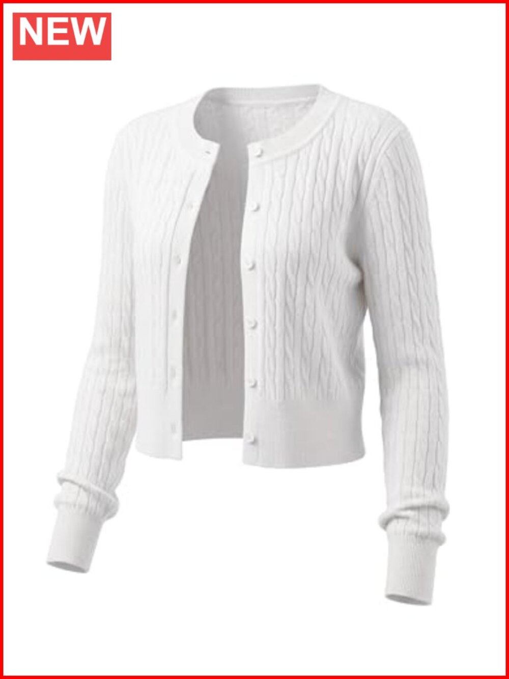 Micro-Cable Knit Cropped Cardigan Button Down Crew Neck Lightweight